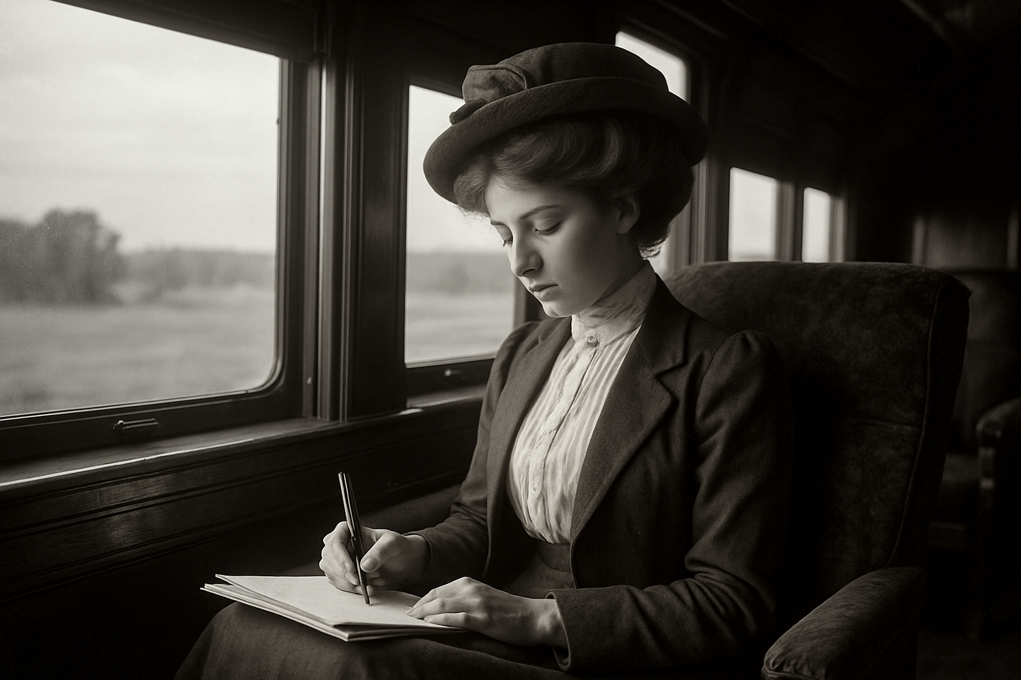 Woman in vintage attire sitting on a train, writing in a notebook.