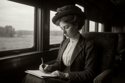 Woman in vintage attire sitting on a train, writing in a notebook.
